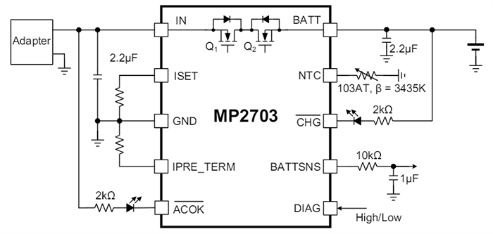 Application Circuit Diagram - Monolithic Power Systems (MPS) MP2703 Linear Chargers for 1 & 2 Cell Batteries